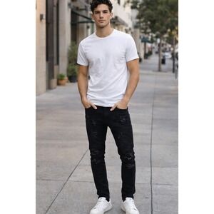 UH DENIM Mens Black Skinny Distressed Moto Jeans Ribbed Knee Ripped Denim Pants